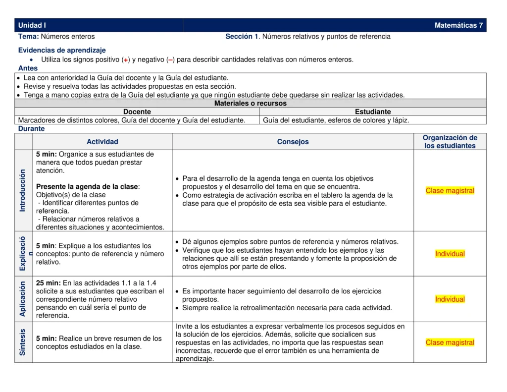 Matemáticas 7: Unidad 1 - Números Enteros y Relativos (Actividades Matemáticas) PDF 1 unidad i matematicas 7 numeros enteros y relativos